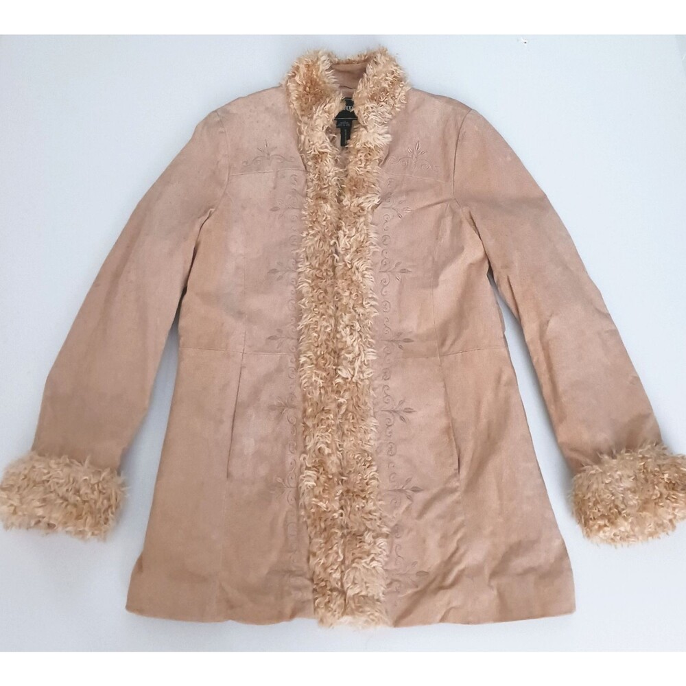 VTG OutBrook Y2K Penny Lane Leather Coat Faux Fur Embroidered M/L Festival Boho